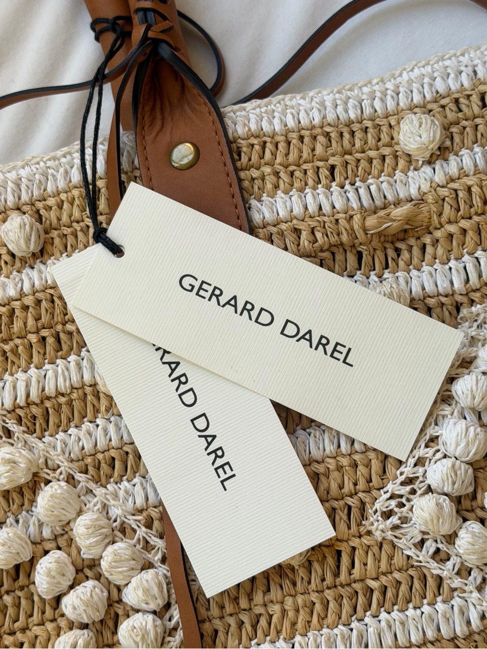NWT GERARD DAREL 24 GD Raphia White Crochet Tote Bag with Leather Handles $495 - Picture 8 of 10